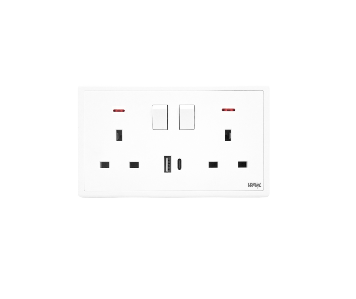 SWITCH SOCKET 2G 13A + NEON WITH USB TYPE A & C FAST CHARGER (Aigia Series) - Image 1